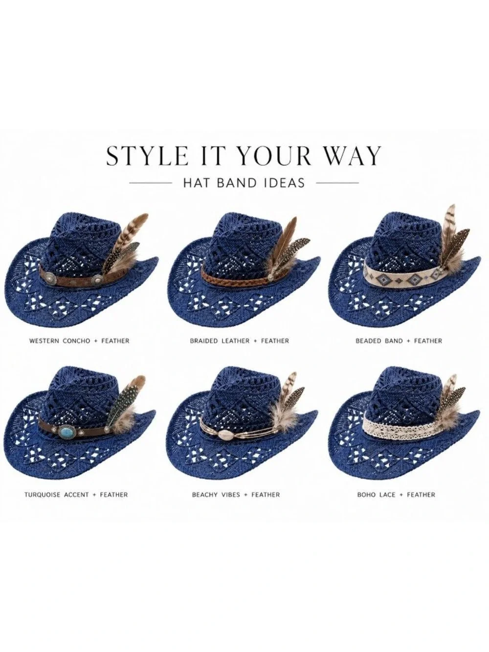 Blue Straw Cowboy Hat Rolled Brim One Size Western Cowgirl Beach